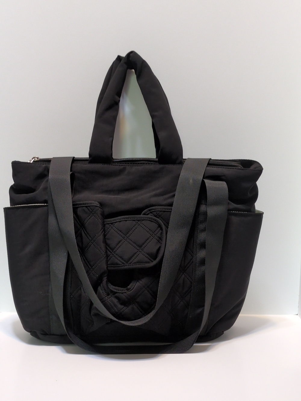 Black Quilted Multi Compartment Diaper Bag Tote Insulated Bottle Pocket